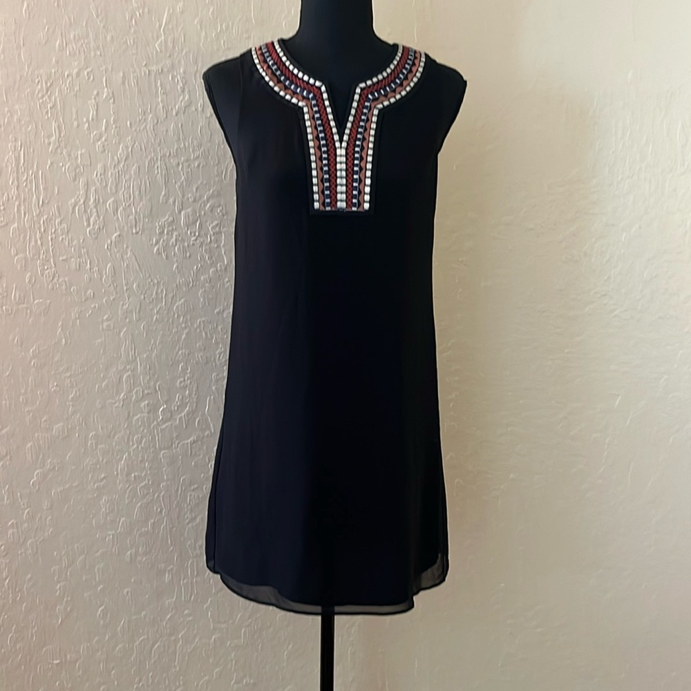 BCBGeneration‎ Black Midi Dress with Red and White Beaded Neckline